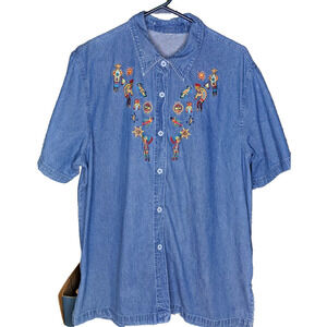 Embroidered Womens Shirt Button Down Short Sleeve Southwest Kokopelli Cotton